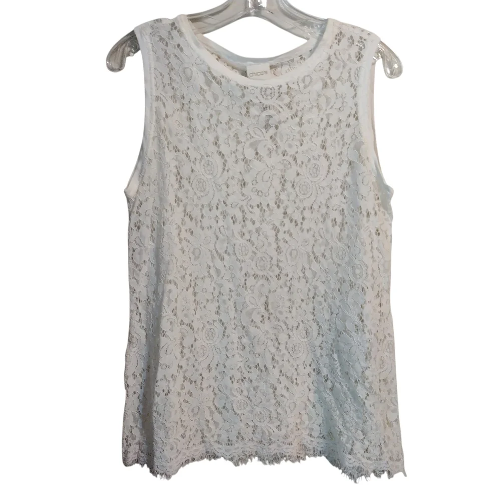 Chicos Tank Top Womens 1 Medium M White Sleeveless Shirt Stretch Blouse Lace - Picture 2 of 8